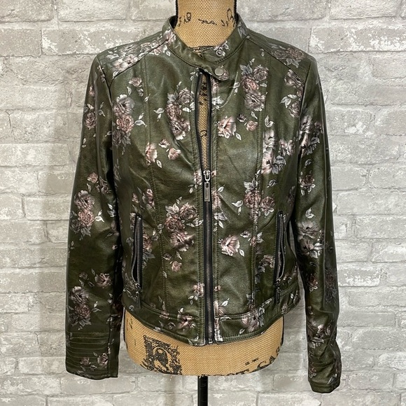 Jou Jou Faux Leather Green Floral Jacket - Picture 1 of 9